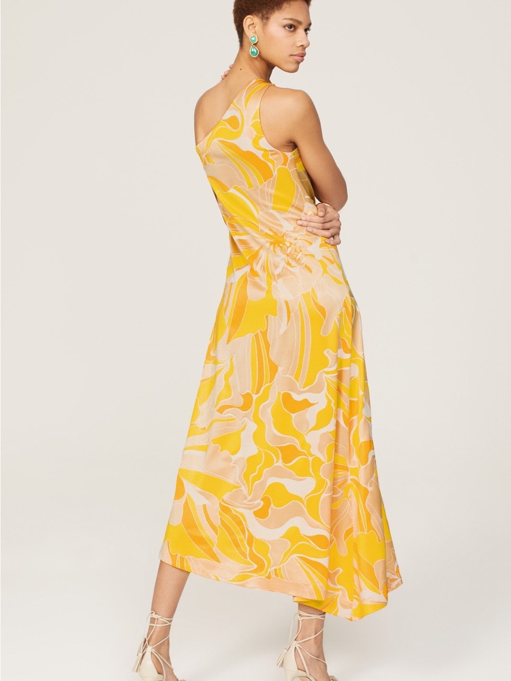 Alexis One-Shoulder Yellow Floral Midi Dress - Picture 3 of 10